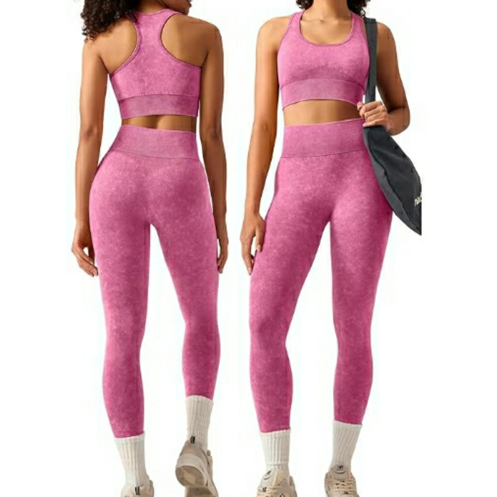 Women Workout Set Seamless High Waist Legging Padded Racerback Sports Bra Pink